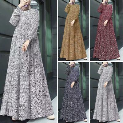Women Maxi Dress O Neck Long Sleeve Loose A-line Big Hem Dot Print Vintage Soft Patchwork Dubai Turkey Abaya Long Robe Dress