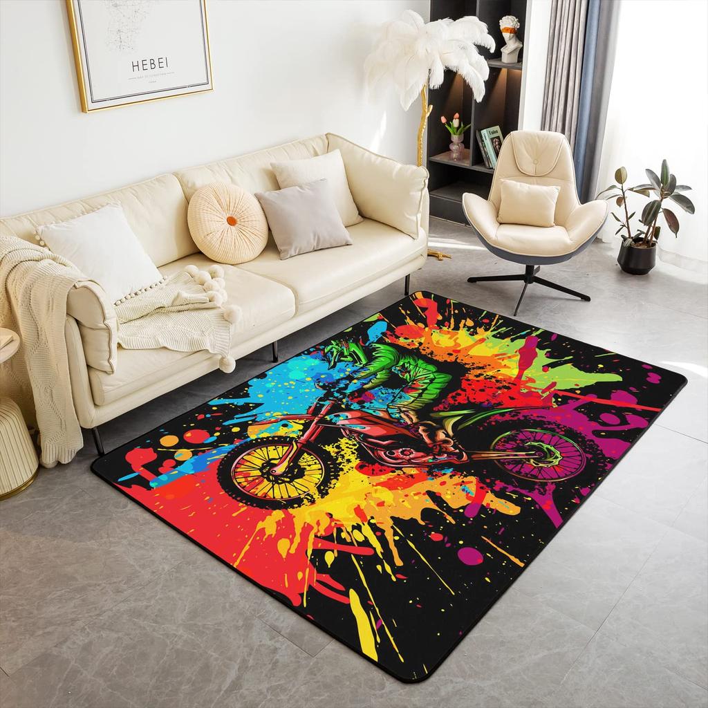 Teen Dirt Bike Area Rug for Living Room Motocross Rider Floor Mat Motorbike Extreme Sport Carpet Snow Mountain Landscape Doormat