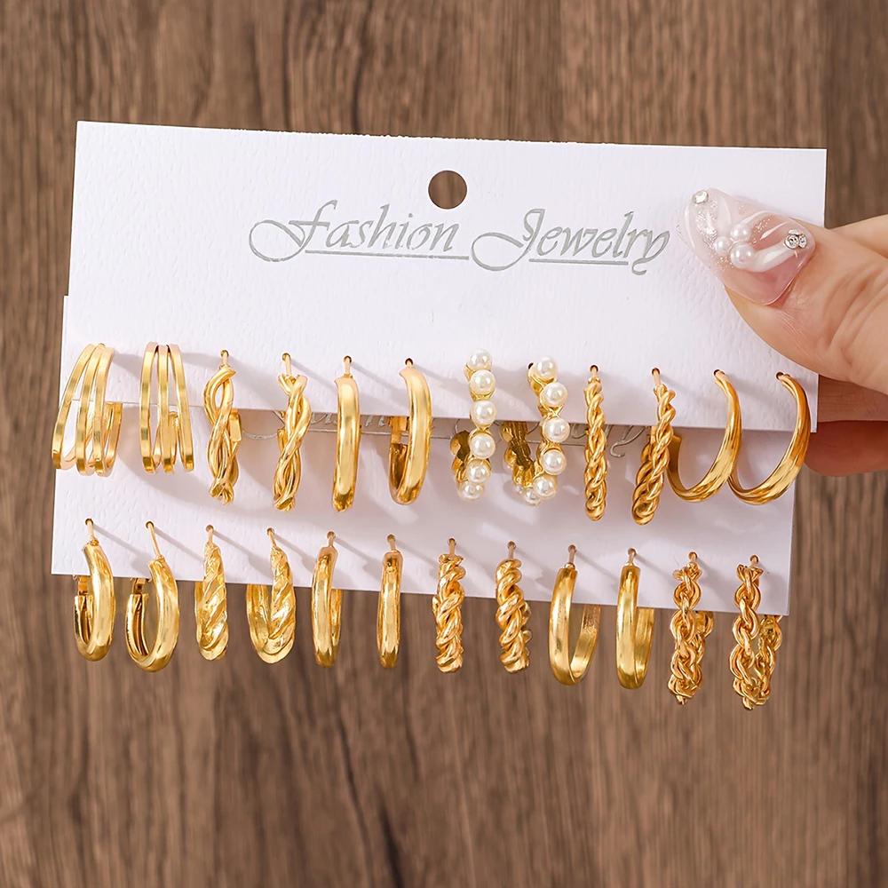 Boho Big Circle Hoop Earring Set for Women, Gold Color Bohemia Vintage Pearl Earring, Heart Zircon Ear Studs Jewelry Gifts