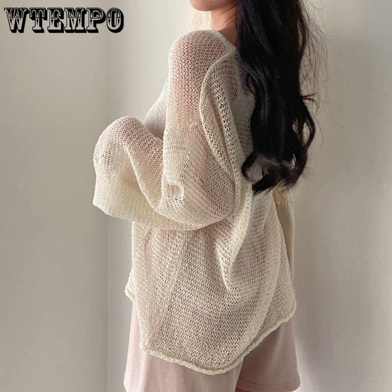 WTEMPO Loose Full Sleeve Jumpers Tops Hollow Out Solid Sexy Knitted Pullovers Women Fashion Casual Streetwear Chic Sweaters