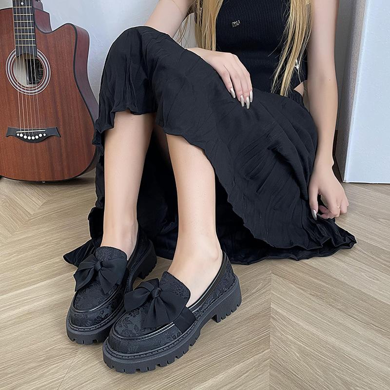 Fashion Bow Loafer Shoes Women 2024 Spring and Autumn New Thick Sole Mid-heel Lazy British Style Retro Small Leather Shoes