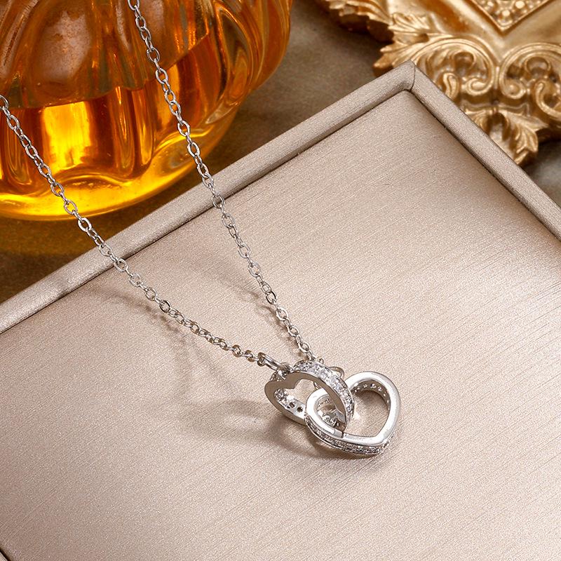 Cross-Border Fashion Heart Double Ring Zirconium Titanium Necklace for Women – Elegant Clavicle Chain Jewelry