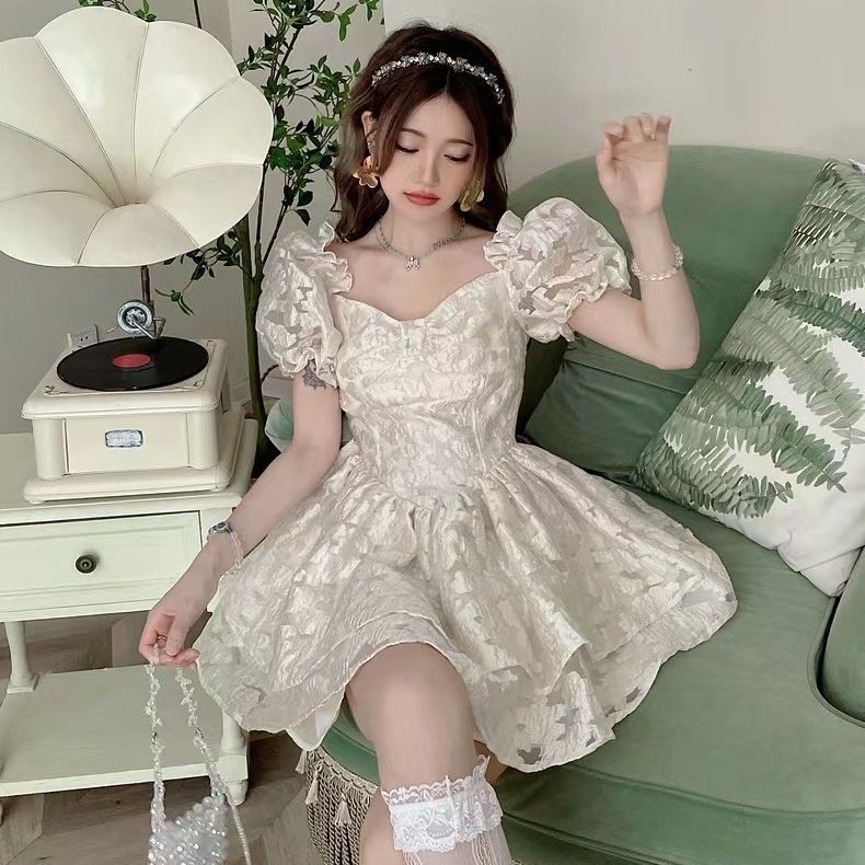 Sweet first love style splicing square neck dress women's clothing summer new waist and thin temperament princess tutu