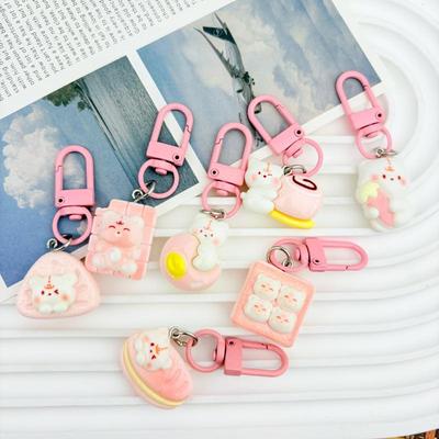 Cute Pink Bear Sandwich Cookies Resin Keychain Pendant with Heart for Bags, Small Girly Gift