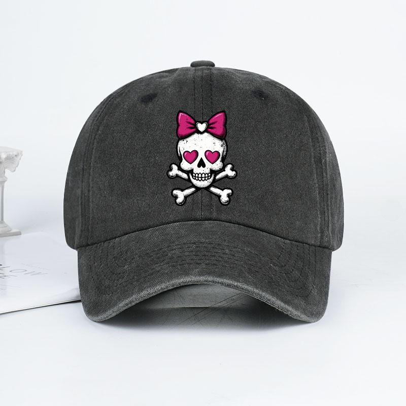 BowTie HeartEyed Skull Crossbones Print Washed Baseball Cap Soft Comfortable Adjustable Lightweight Breathable SweetEdgy