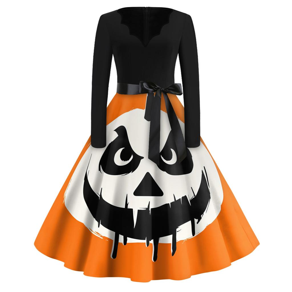 Women's Vintage V Neck Dress Halloween Print Long Sleeve Casual Retro Style Dress with Flared Skirt and Waist Tie for Seasonal Wear