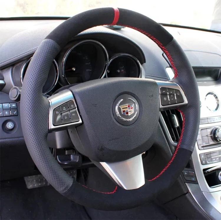 Hand Sewing Non-Slip Peach Wood Grain Genuine Leather Car Steering Wheel Cover for Cadillac CTS SLS 2005-2010