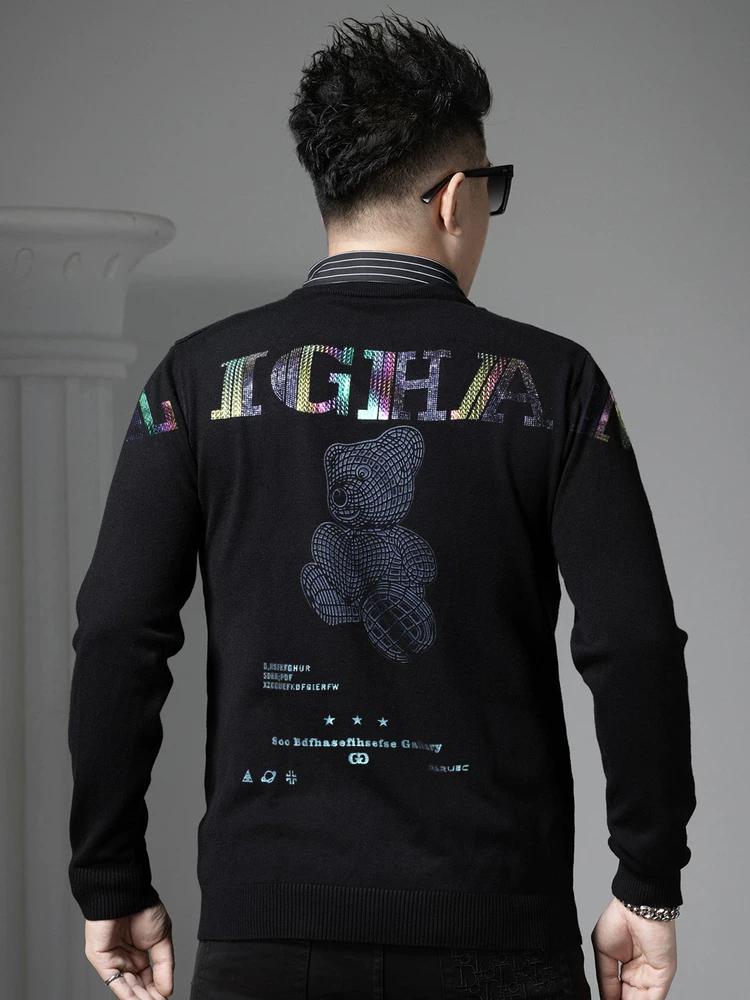 European-Style Fake Two-Piece Sweater for Men, 2025 Autumn and Winter New Trendy Brand Bear Print Round Neck Knitted Base Shirt for Men
