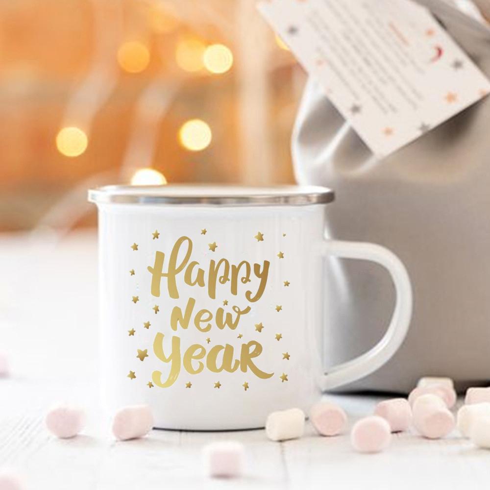 Happy New Year Print Mugs Enamel Coffee Cups Handle Hot Cocoa Chocolate Cup Children Breakfast Milk Mug Holiday Gift for Family