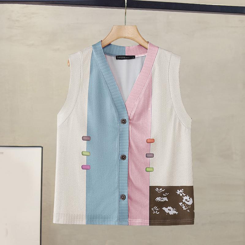 

ZANZEA Жіночі вінтажні трикотажні жилети без рукавів з квітковим принтом і V-подібним вирізом білий