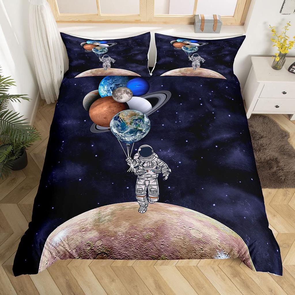 Cartoon Astronaut Duvet Cover Set Moon Clouds Starry Sky Quilt Cover Microfiber Galaxy Bedding Set Twin King For Boys Girls Gift