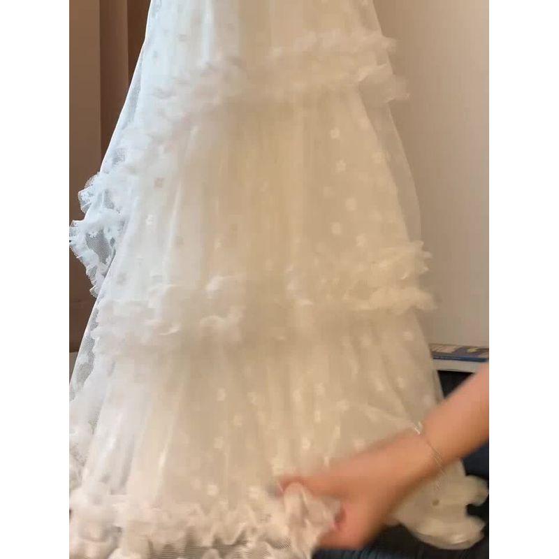 2025 Spring K-style Fashion Heavy Industry Elastic Waist Lace Stringy Selvedge Skirt Women's Sweet Fairy Long Dress Easiest for Match