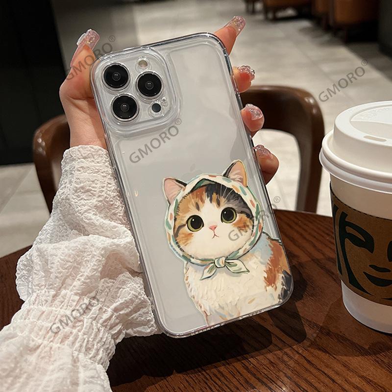 Oil painting cat is suitable for Apple 17promax transparent mobile phone case, girls iphone16 cute soft girl protective case.