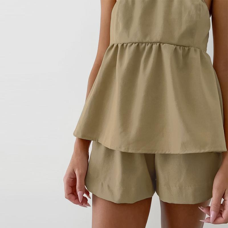 Summer Y2K Shorts Set Sexy Khaki Strapless Top High Waisted Wide Leg Shorts Set for Women's Summer Elegant Casual 2 Piece Sets