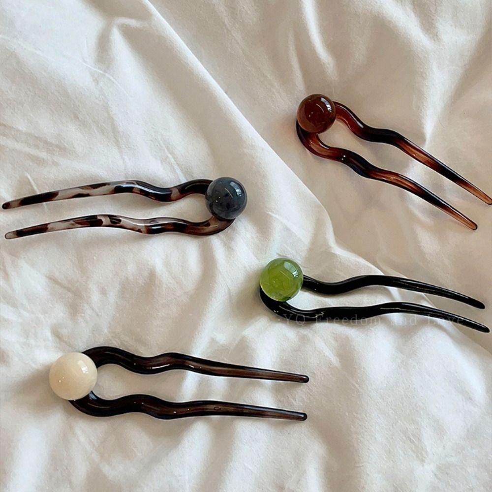 Retro U-shaped Hairpin Acrylic Pan Hair Fork French Bead Hair Stick Daily
