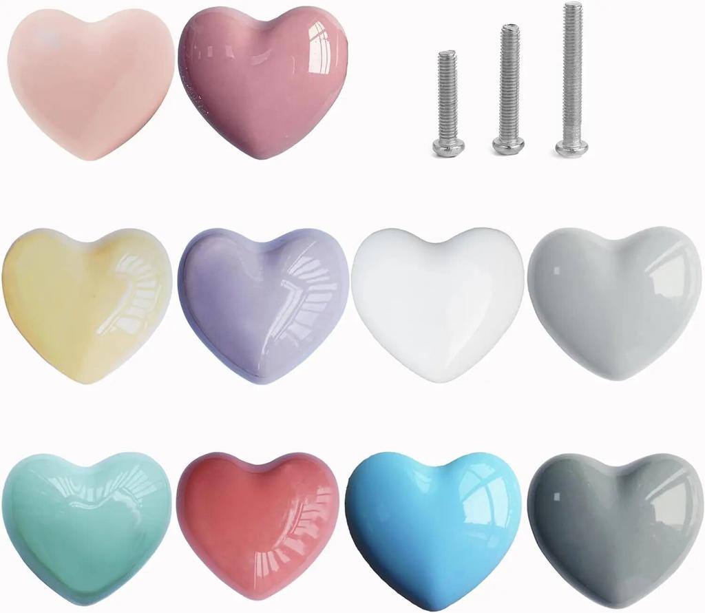 Ceramic Drawer Knobs Heart Shape Colorful Heart Cabinet Dresser Pulls Handles with 3 Sized Screws, Kitchen Furniture Knobs