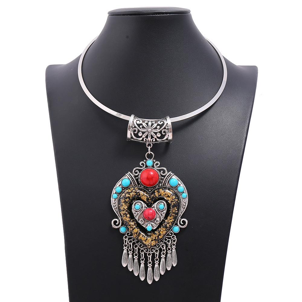 Style Ethnic Geometric Necklace Alloy Metal Heart Glass Pendant For Gift Travel