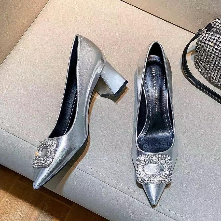 Temperament Professional Silver Super High Heels Women's 2024 New Pointed Rhinestone High Sense Commuter Work Thick Heel Single Shoes