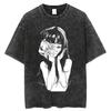 Junji Ito Tomie «Σχισμένο Πρόσωπο» Vintage Πλυμένο Μεγάλο T-Shirt | Unisex Streetwear T-shirt Τρόμου Manga