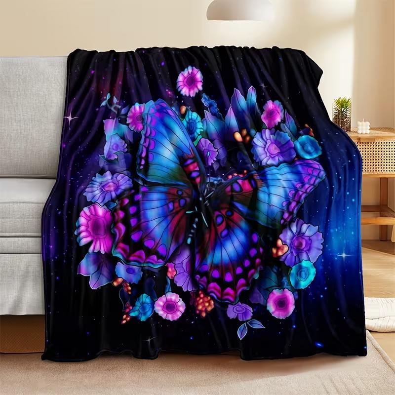 Purple Starry Sky Butterfly Flower Plush Bed Throwing Cartoon Picnic Thin Blankets Modern Flannel Blanket