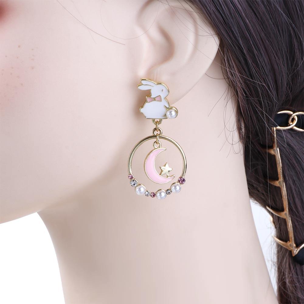 Personality Ins Pink Girl Moon Rabbit Drop Earrings Anti Allergy Enamel Asymmetric Earrings