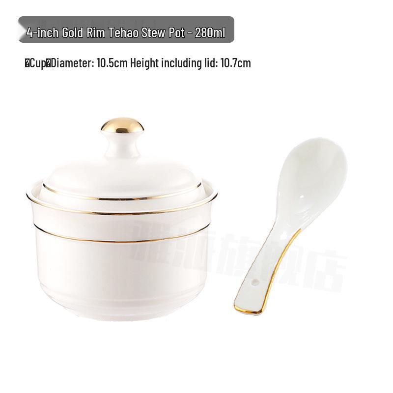 Keramik-Schmortopf mit Deckel, goldrandig, für den gewerblichen Gebrauch: Ideal für Vogelnestersuppe, gedämpfte Desserts und Eier.