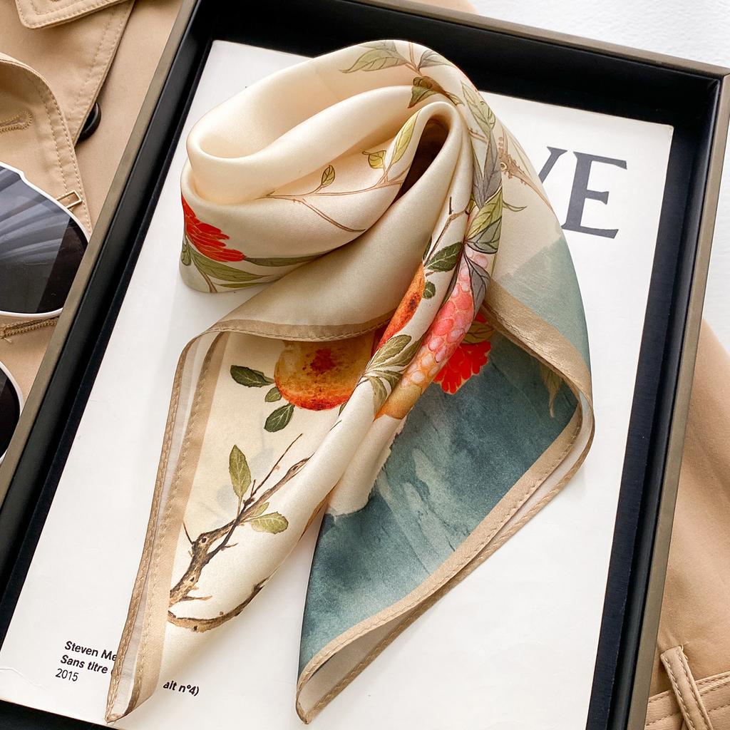 Hangzhou silk spring and autumn versatile pomegranate tree 111% mulberry silk silk scarf silk scarf women's beige neck small square scarf