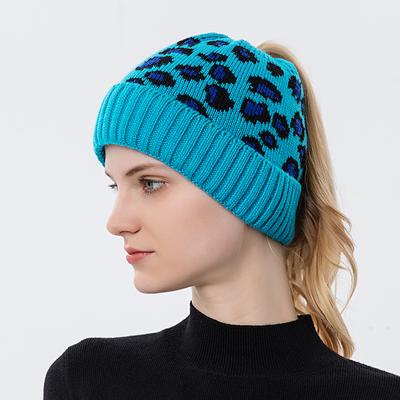 New Leopard Knit Hat Winter Ladies Ponytail Autumn Winter Warm Ear Protection Woolen Casual Caps Women