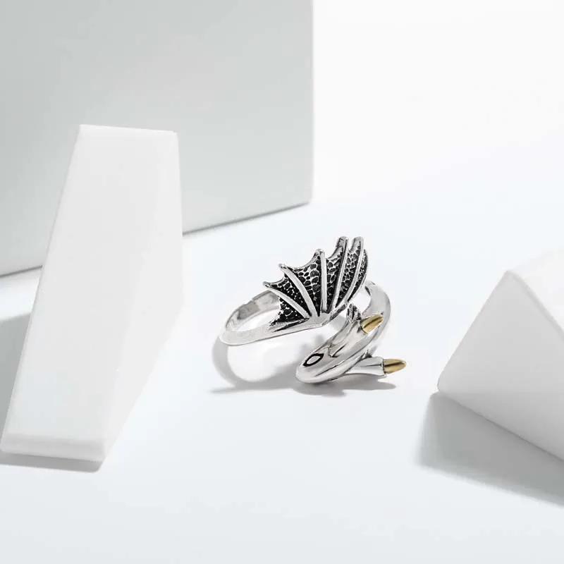 Vintage Silver Color Little Flying Dragon Cuff Finger Rings For Women Men Fashion Open Adjustable Handmade Couple Ring Jewelry