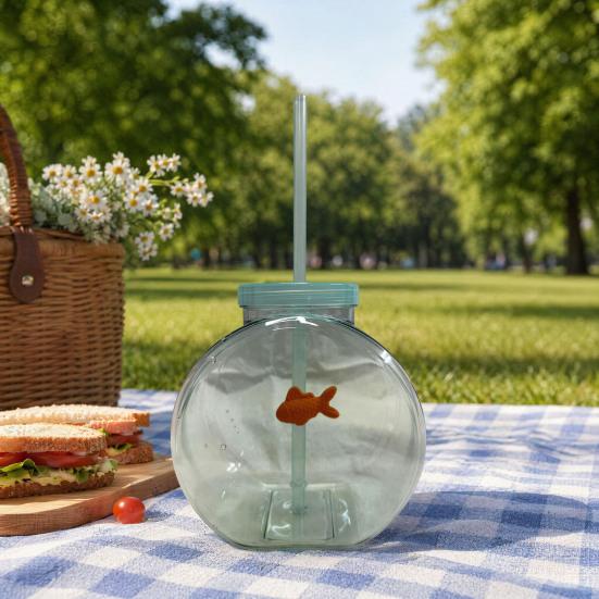 Fish Bowl Bottle with Straw, Plastic Fishbowl Tumblers with Lids, Unbreakable Ornament Cups for Drinks Summer Drink, Fashioned Table Goldfish Bowl