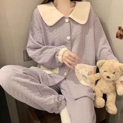 Women's Cartoon Cotton Pajamas Set - Thick, Loose, Korean Style for Spring, Autumn, Winter