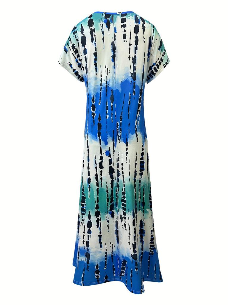 Plus Size Women's Summer V-Neck Slit Dress with Digital Print - European & American Street Style