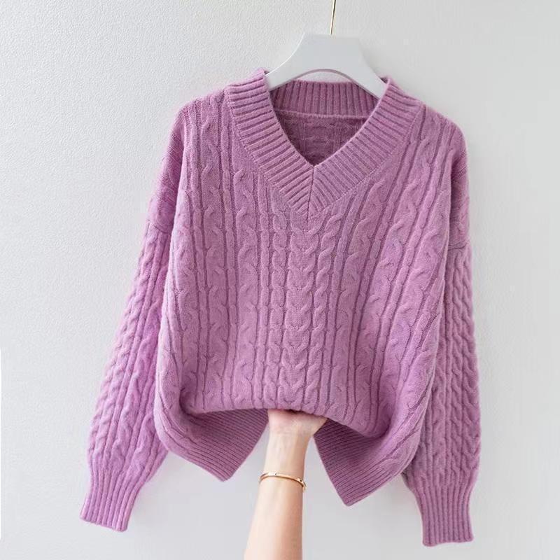 

Осень новый женский мягкий восковой внутренний с осенью и зимой новый ретро твист ленивый ветер пуловер базовый свитер XXL светло-фиолетовый
