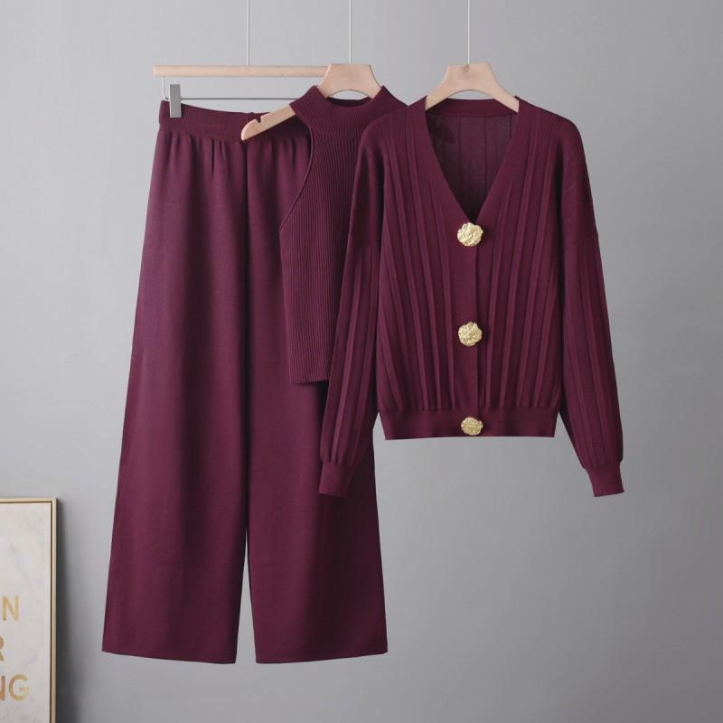 Womens Knit 3-Piece Set With Oversized Metal Button - Long Sleeve Sweater Vest Skirt Outfit Winter Casual Office Wear