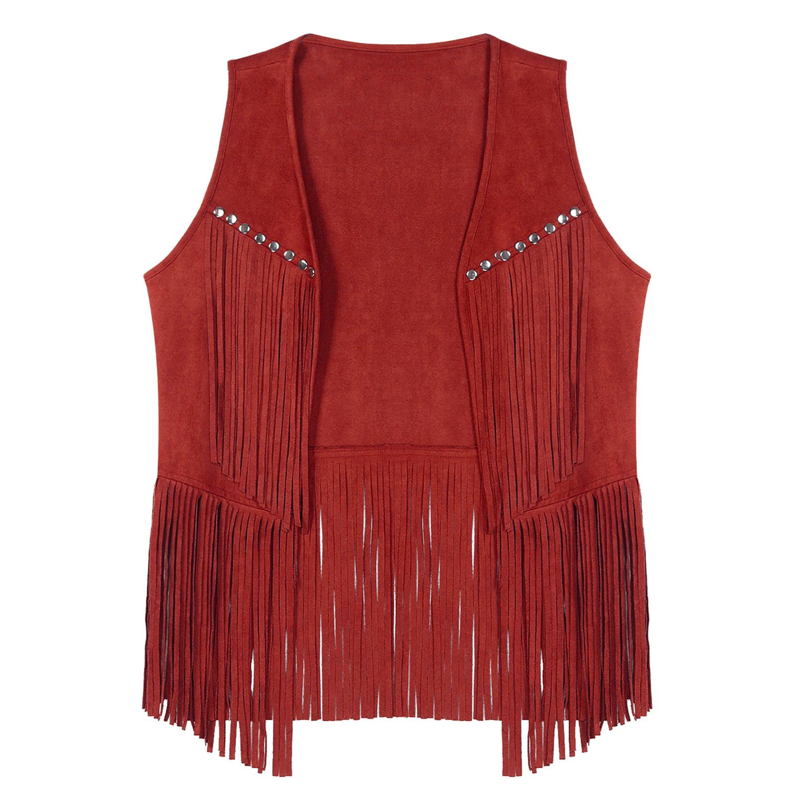 

Womens Fashion Vest Faux Suede Tassel Design with Rivets Fringe Detail Open Front Sleeveless Waistcoat L червоний
