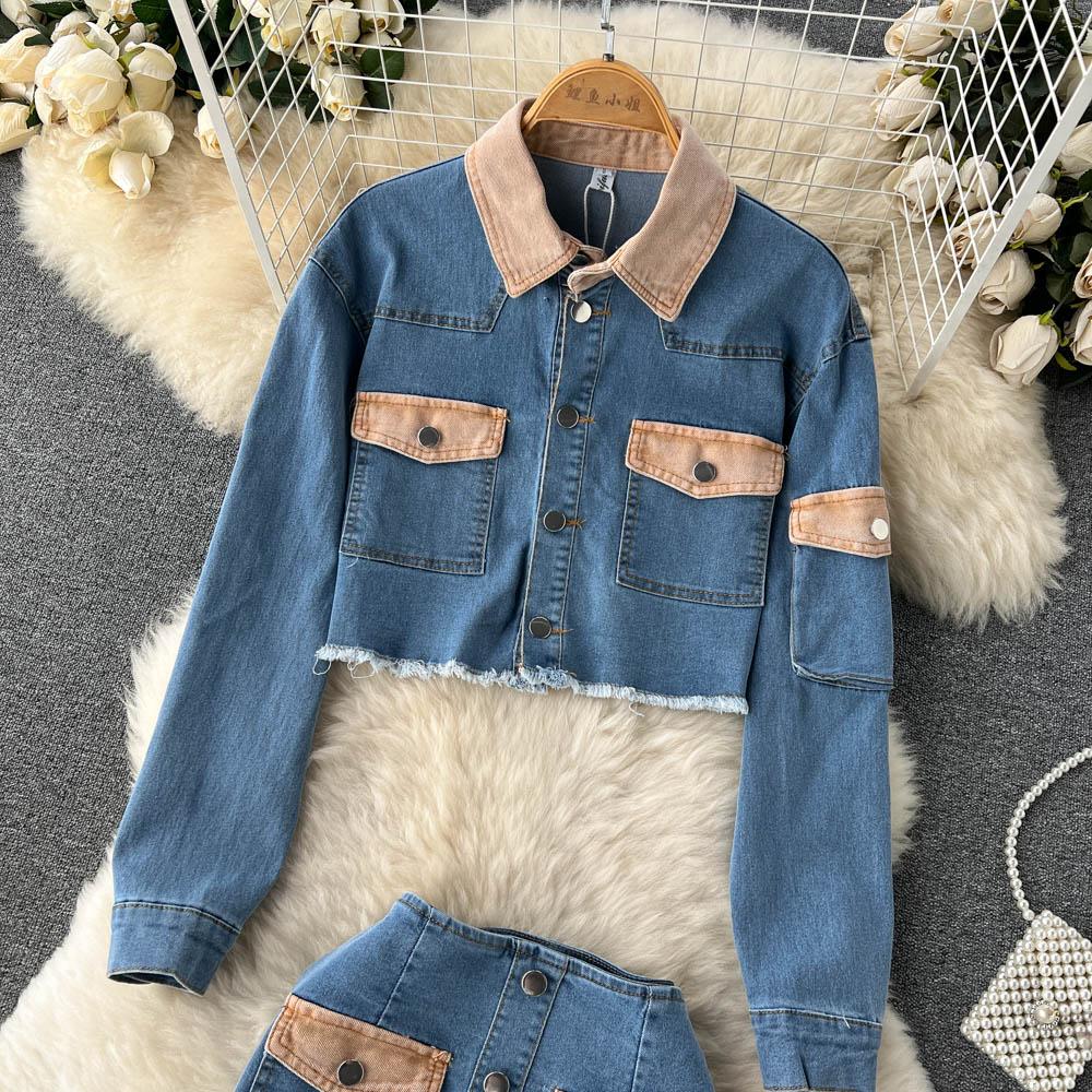 Contrast Color Two-Piece Suit Women's Autumn Denim Short Coat High Waist Bag Hip Skirt