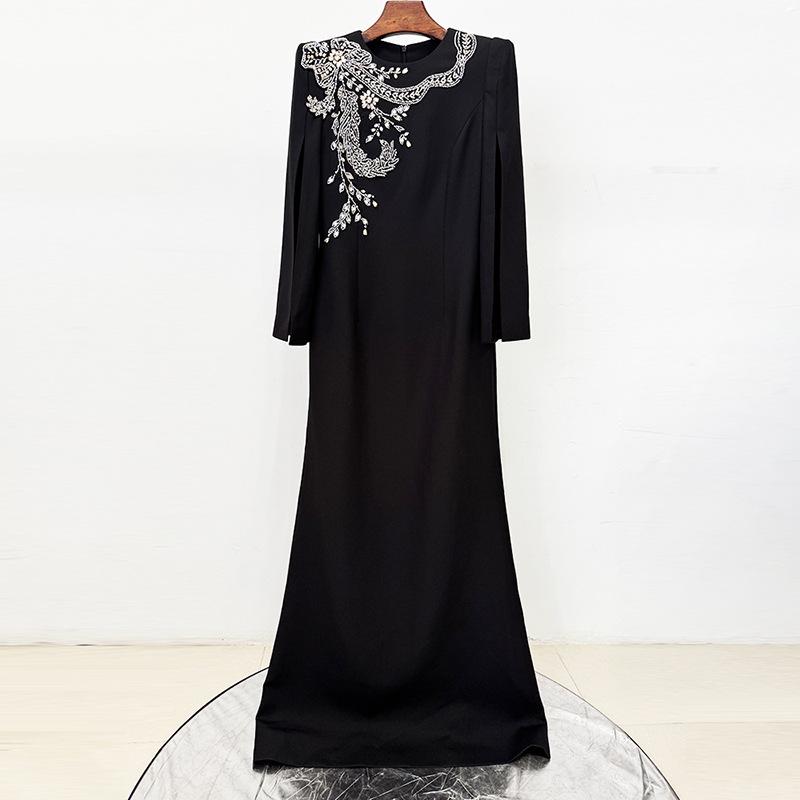 

In-Stock Evening Gown: 2026 European & American Style, Slit Sleeves, Heavy Beading, Rhinestone Embellished Long Dress XL чёрный