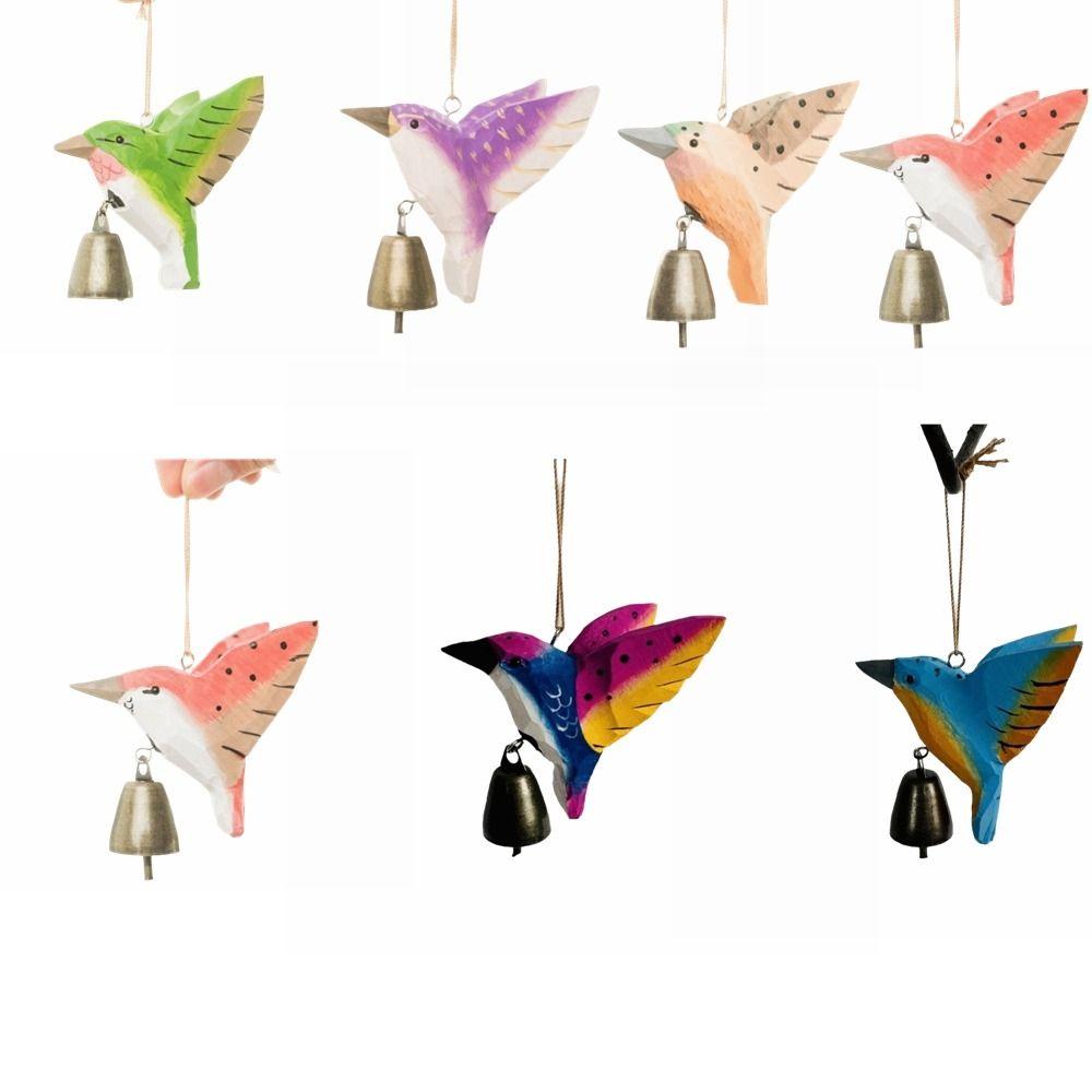 with Bell Hummingbird Wind Chime Hanging Ornaments Home Decor Wooden Wind Chime Cute Wood Grain Bird Sculpture