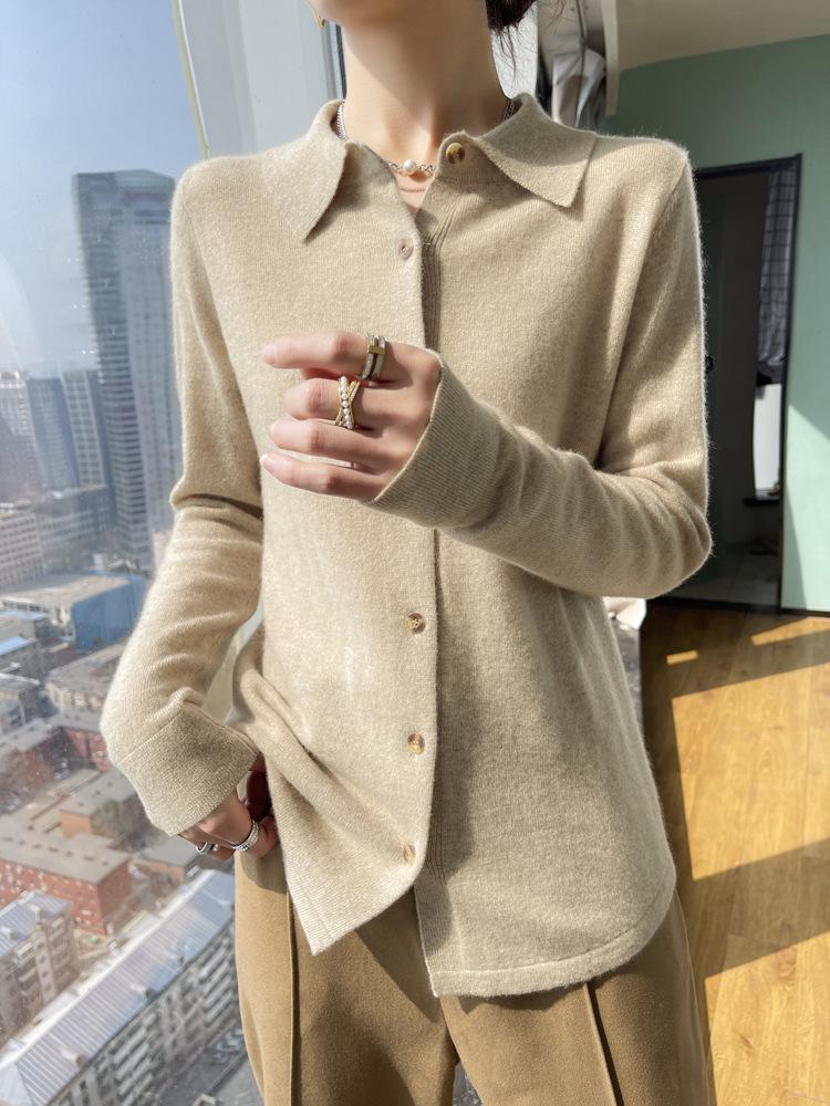 Pure Wool Women's Polo Collar Knit Cardigan – Autumn/Winter, Solid Color, Skin-Friendly, Single-Breasted Outerwear.
