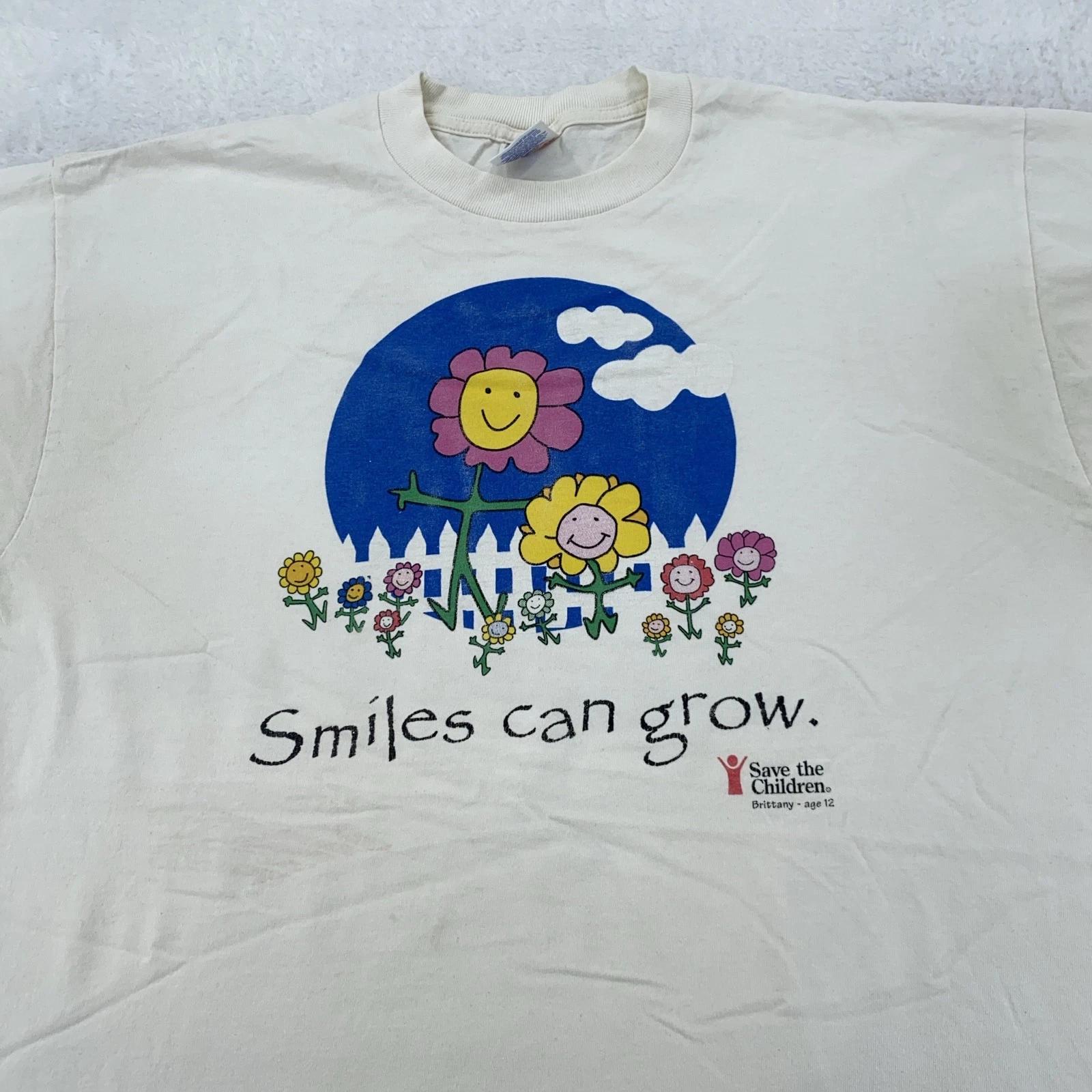

Vintage Save The Children Shirt Mens Large White Smiles Can Grow Flower Art 90s S