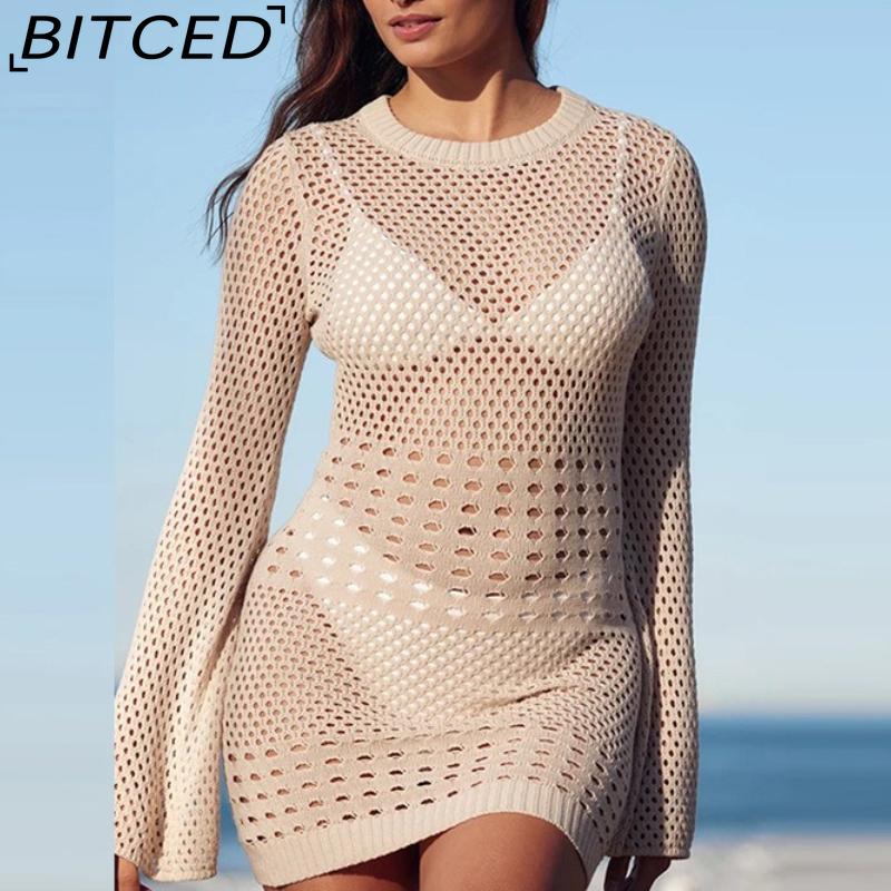 BITCED Women's Summer Knit Long-Sleeved Beach Cover-Up Sun-Protective Lace-Up Knit Dress