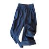 Navy Plaid Petite High-Waisted Fleece Pants - Women's Drawstring Floor-Length Slimming Pants for Autumn/Winter