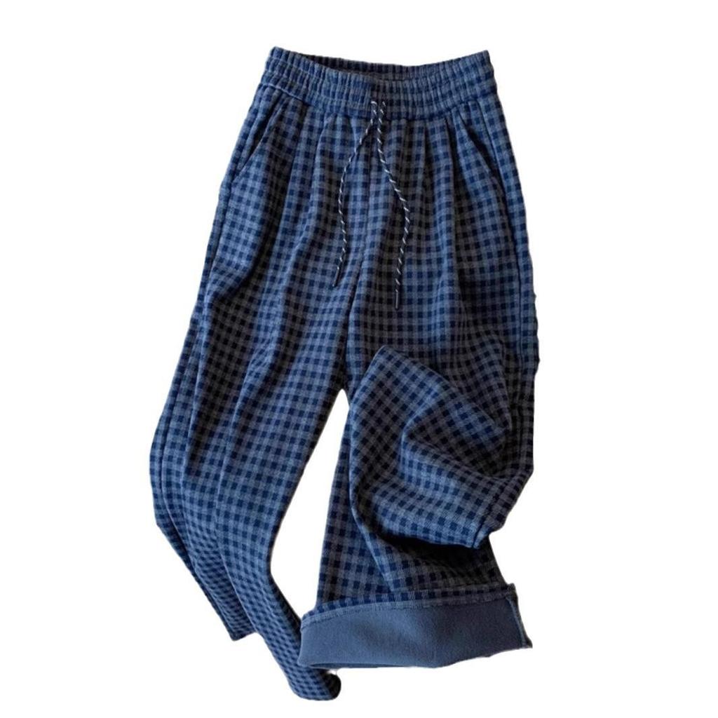 Navy Plaid Petite High-Waisted Fleece Pants - Women's Drawstring Floor-Length Slimming Pants for Autumn/Winter