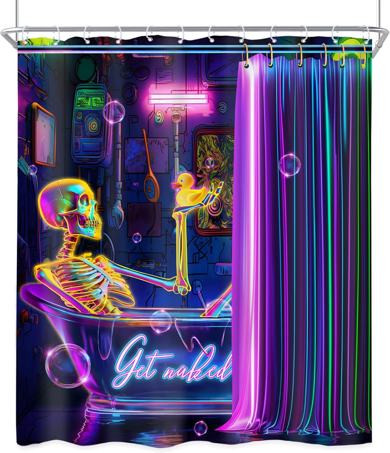

Riyidecor Funny Gothic Skull Shower Curtain 60Wx72H Inch Kids Spooky Skeleton In Bathtub Bathing Rubber Duck Cool Hilarious W60H190(CM)-1 Pcs