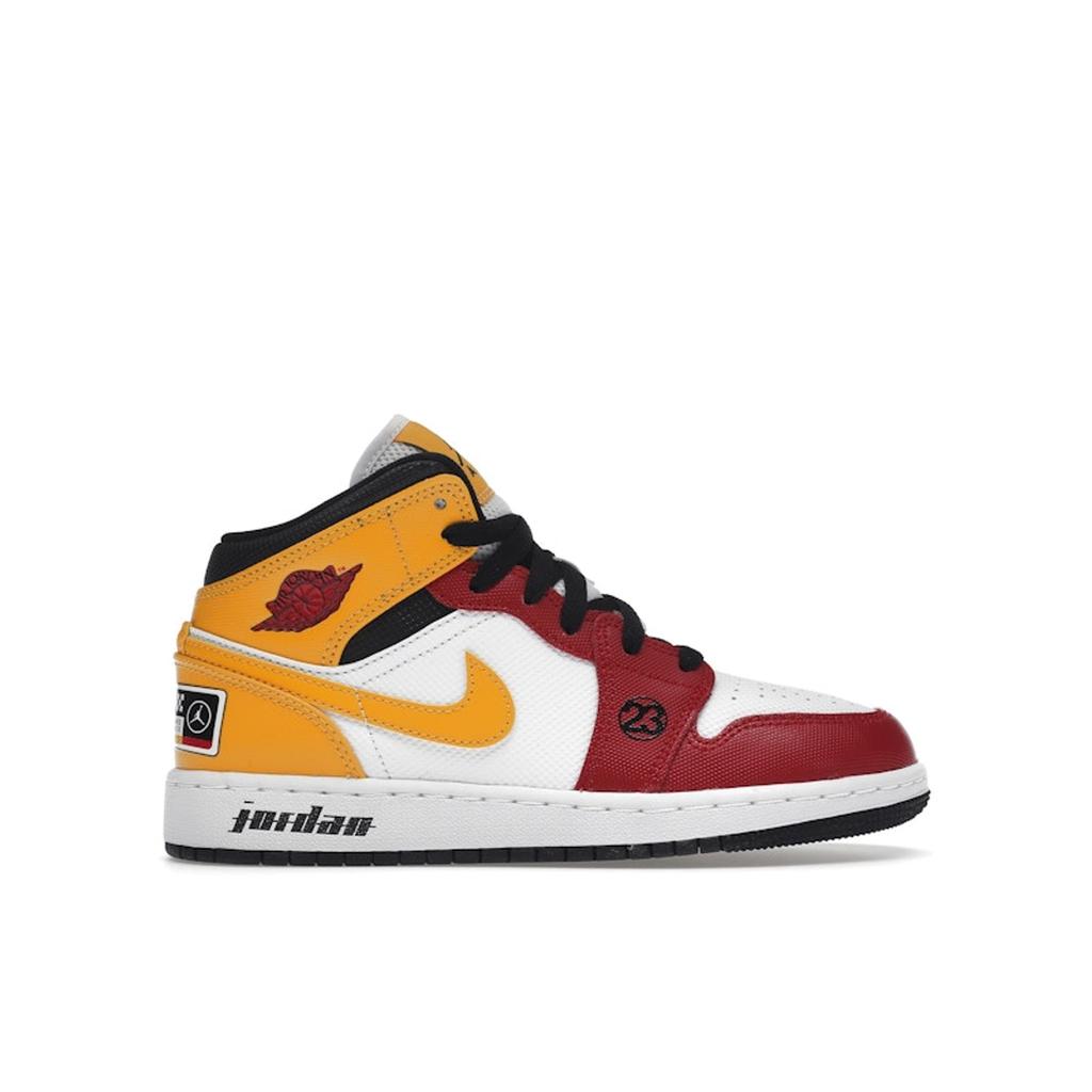 Air Jordan 1 Mid SE GS Motorsport Barnesko Hvit Svart Universitetsgull DJ0336-067