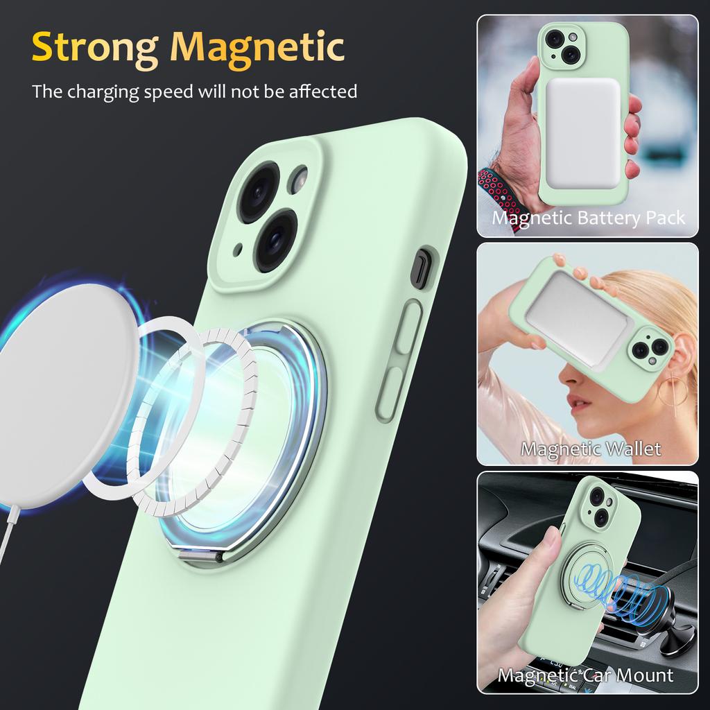For iPhone 15 Case Compatible with MagSafe Rotating Metal Kickstand PC+Silicone Phone Cover