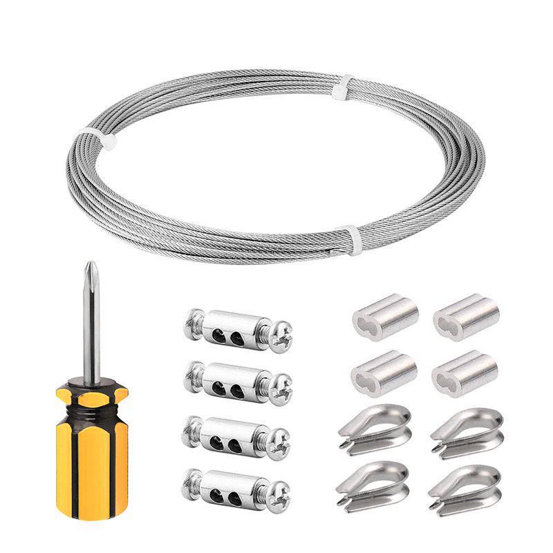 Stainless Steel Wire Rope Hanging Kit for Outdoor String Lights with Thimble Hooks and Tensioning Cable.