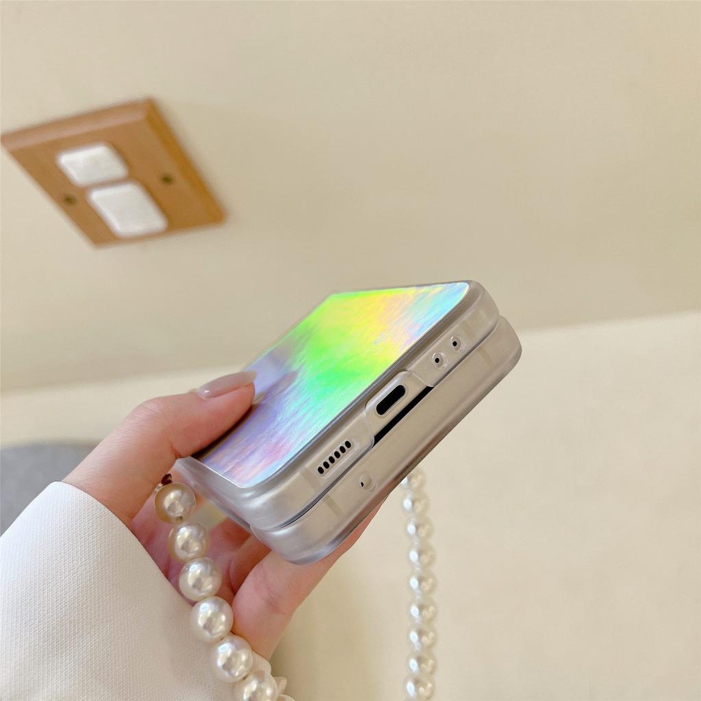 Für Samsung Galaxy Z Flip 4 5g Luxus Aurora Bunte Hülle mit Perlenkette Bär Anhänger Laser Gradient Bling Anti-Drop Cover