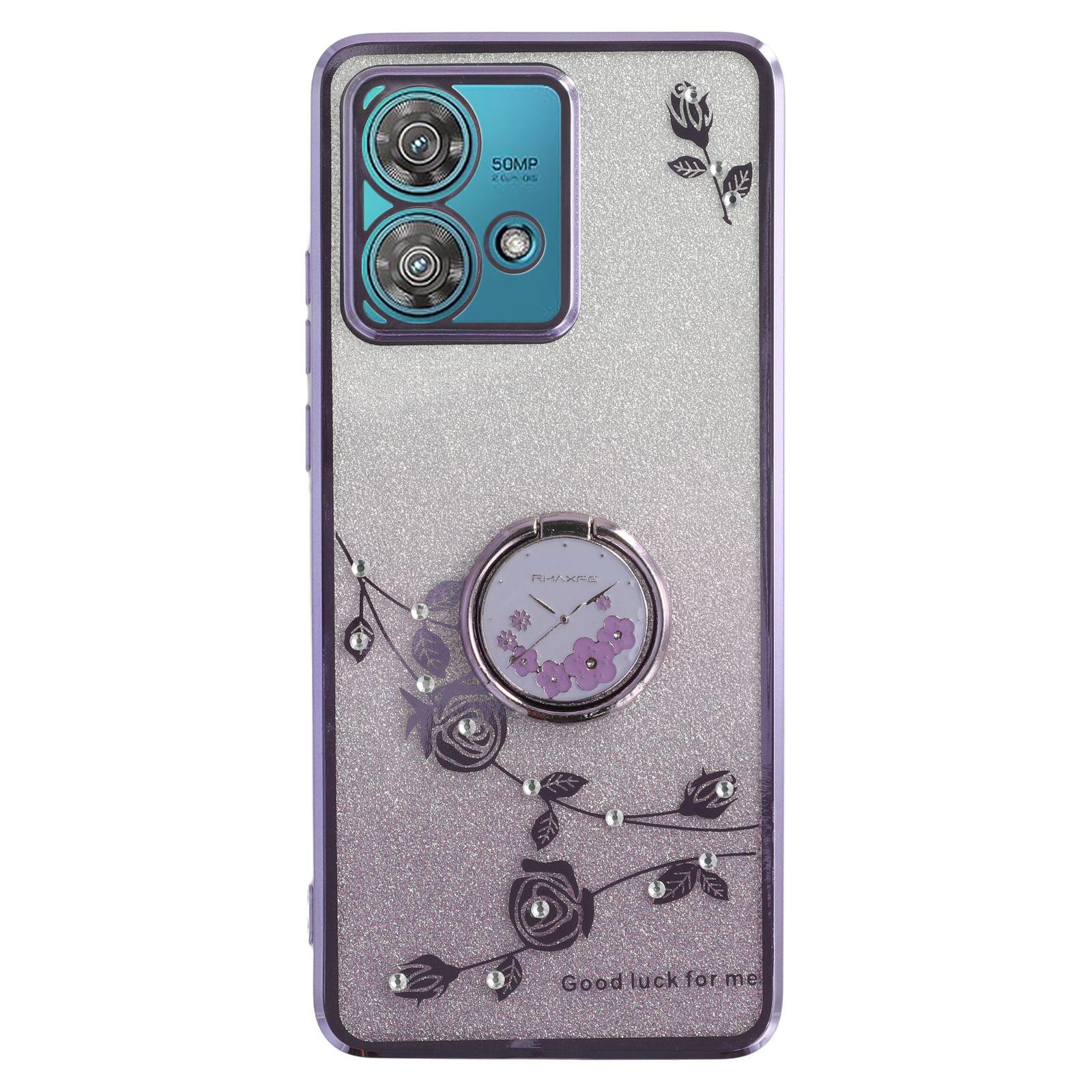 

KADEM For Motorola Edge 40 Neo 5G Case Ring Kickstand TPU Flowers Phone Cover Gradient Glitter Purple