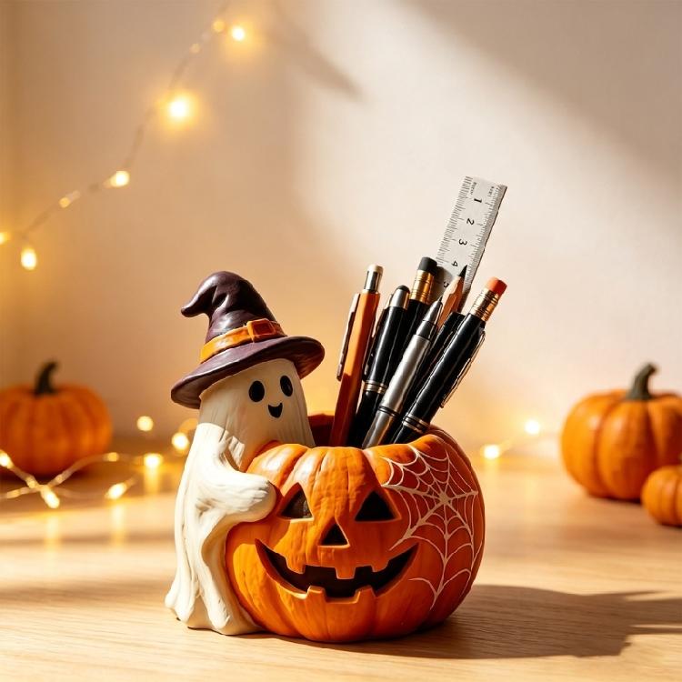 Halloween Pumpkin Planter, Decorative Resin Pencil Stand for Small Plant or Pen Storage, Tabletop and Shelf Display